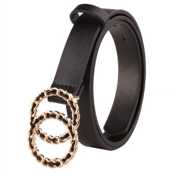 Black faux leather elegant double chunky chain link ring Gold buckle waist belt - Picture 6 of 12